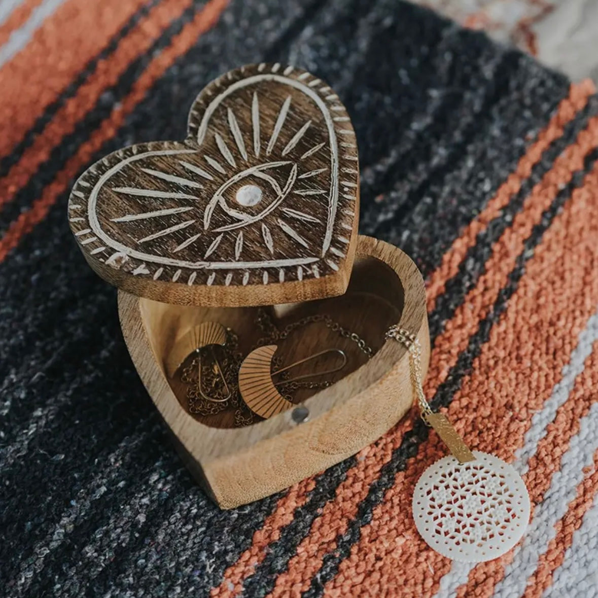 Mango Wood Evil Eye Heart Box