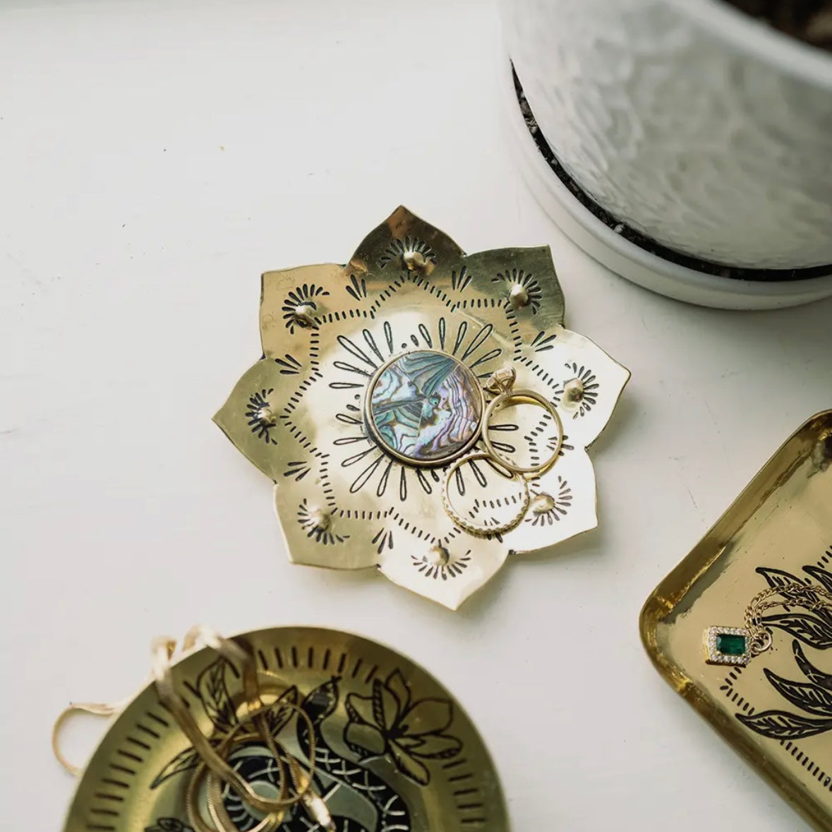 Kairavini Lotus Catch All Tray, Ring Dish - Brass, Abalone