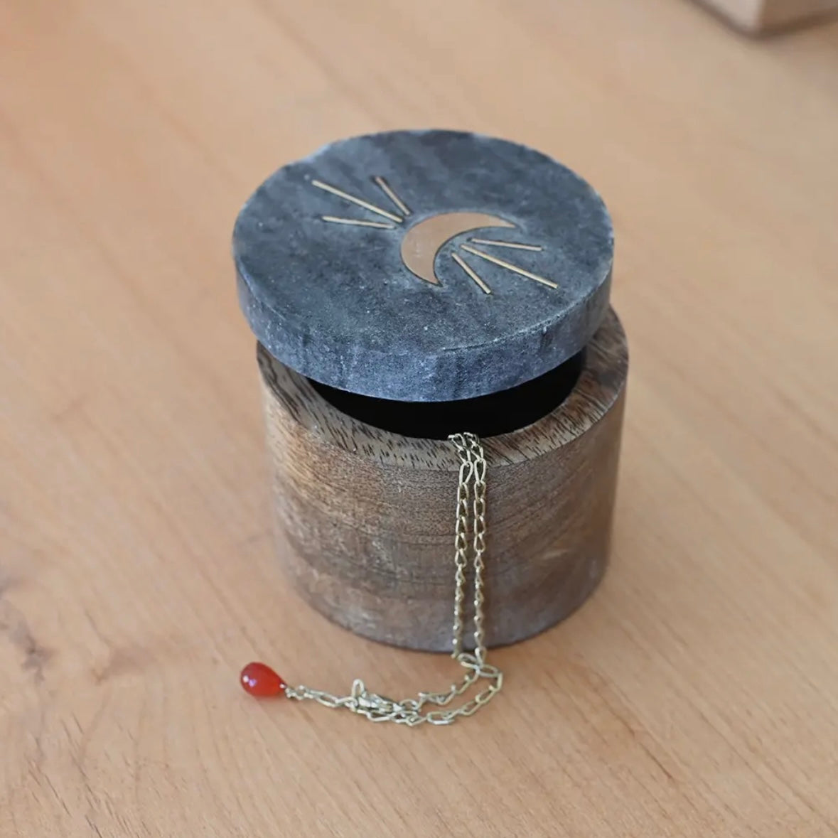 Indukala Moon Phase Keepsake Box - Black Marble, Wood, Brass