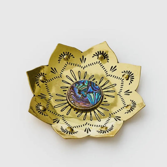 Kairavini Lotus Catch All Tray, Ring Dish - Brass, Abalone