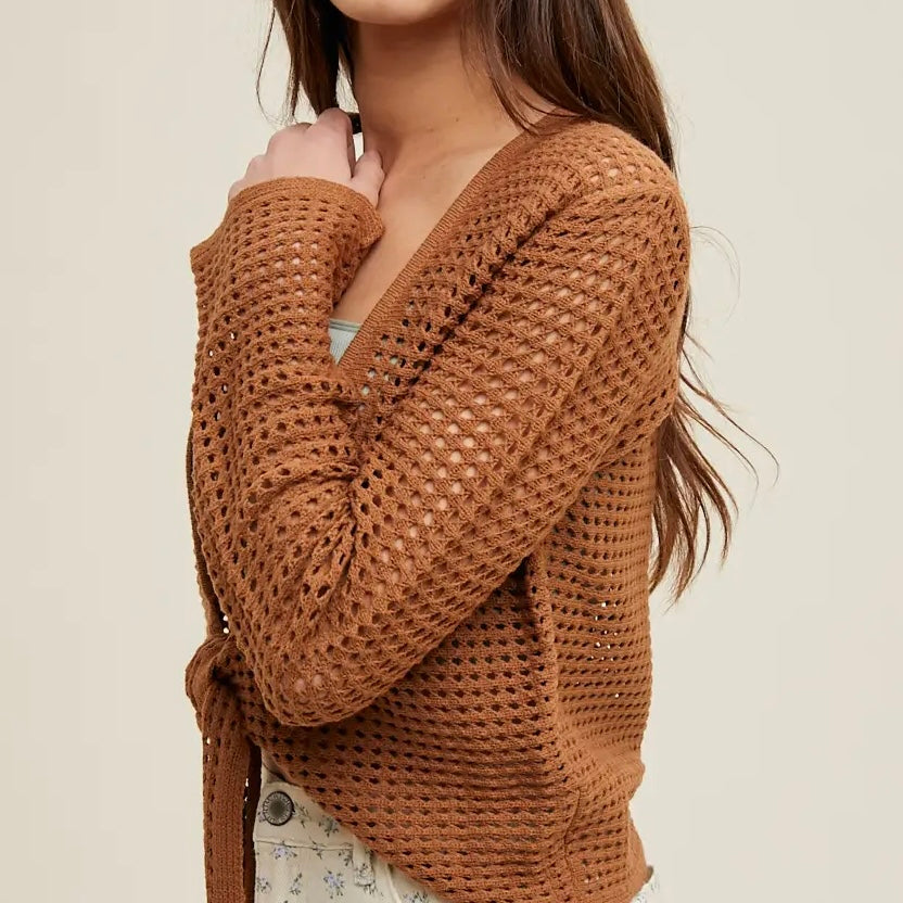 Open-Knit Self Front Tie Cardigan