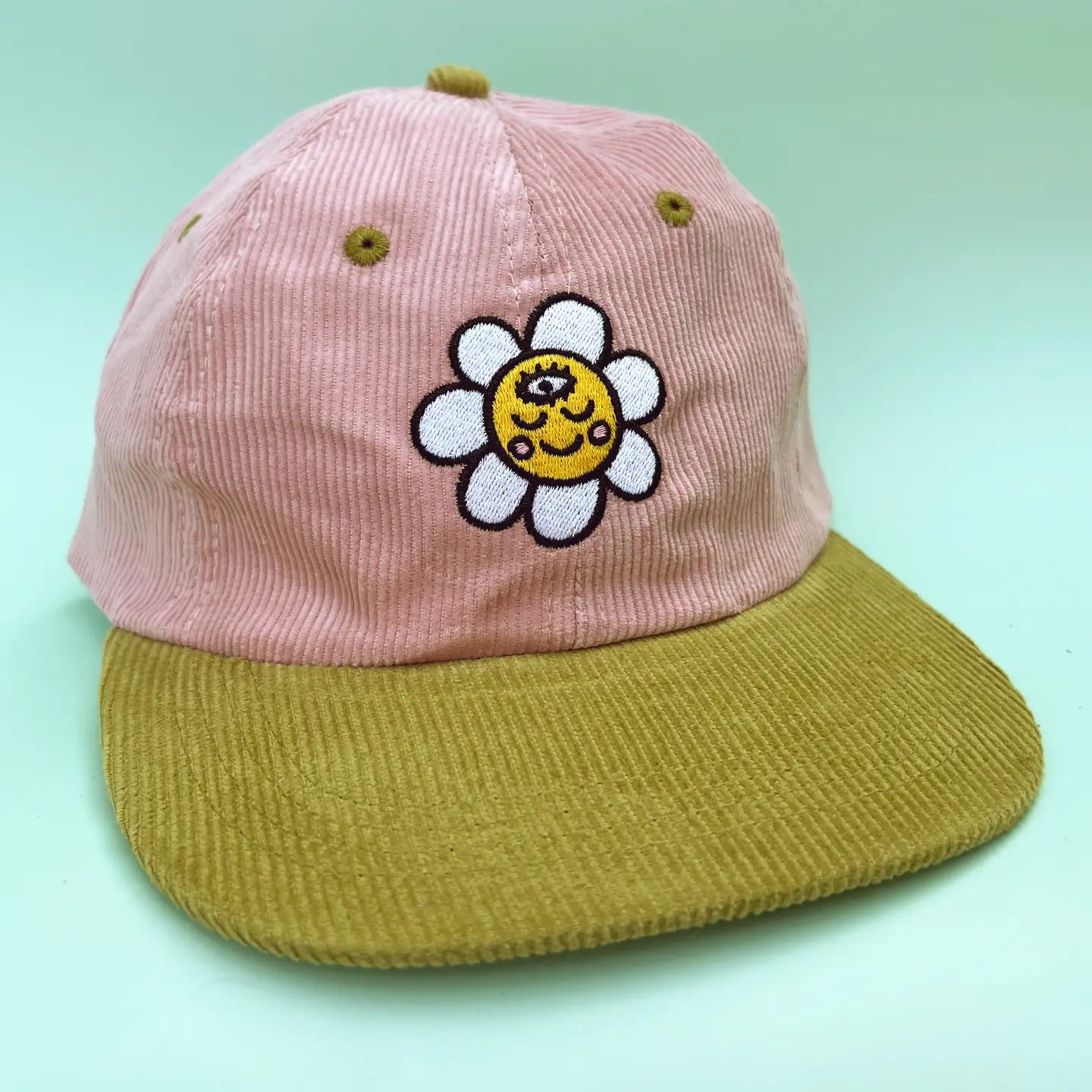 Corduroy Hat - Pink Green Smiley Daisy