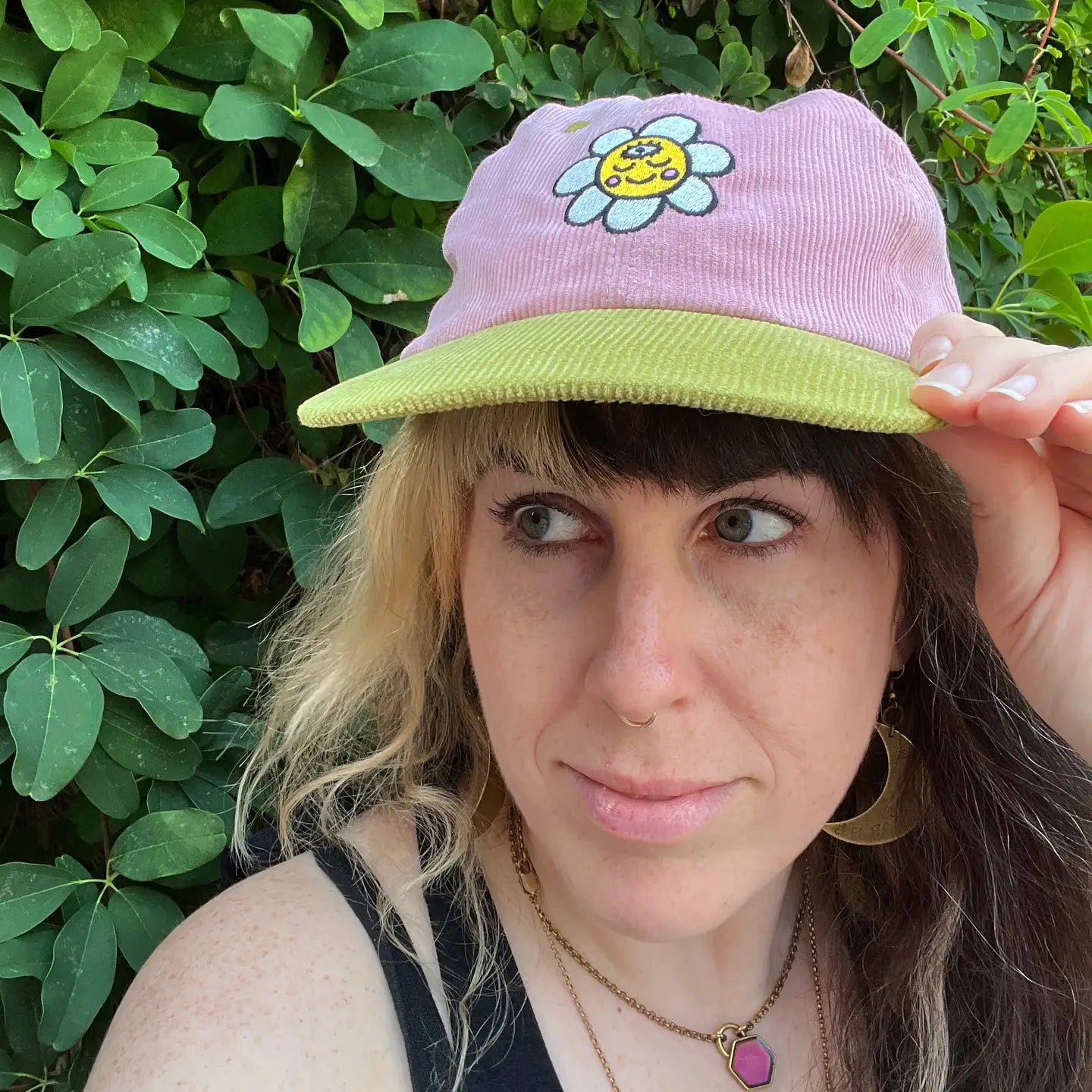 Corduroy Hat - Pink Green Smiley Daisy