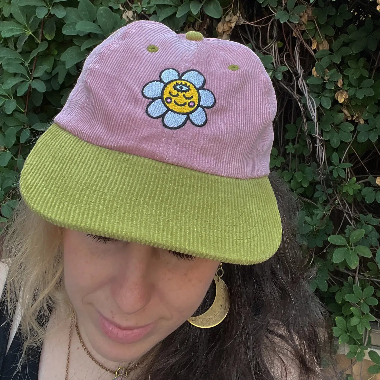 Corduroy Hat - Pink Green Smiley Daisy