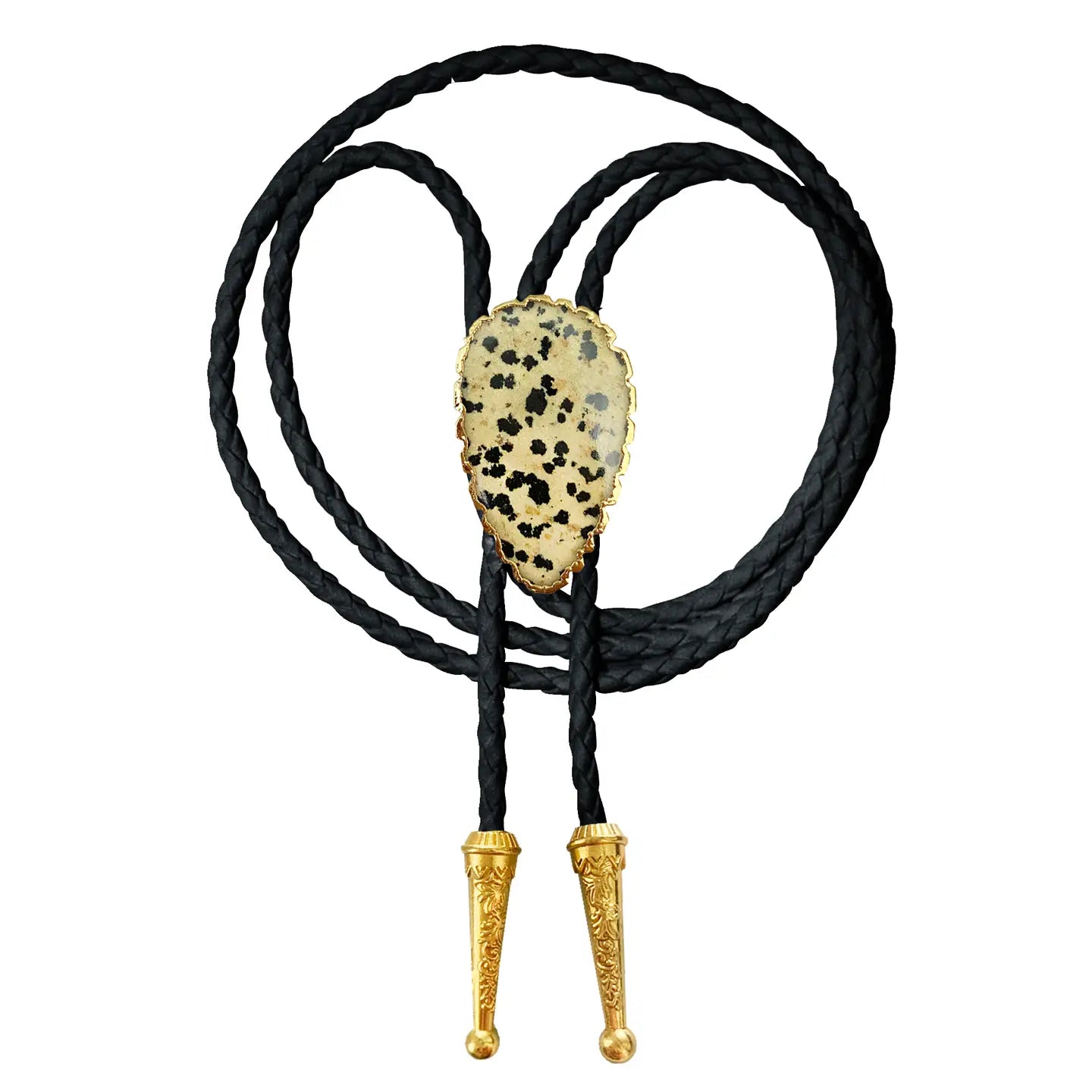 Dalmatian Jasper Bolo Tie With Black Leather