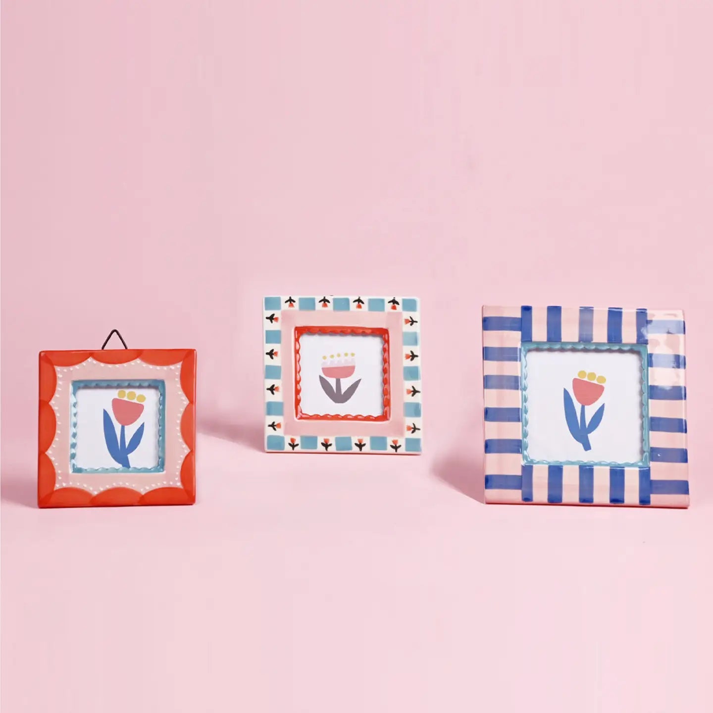 Blue Stripped Hand-Painted Ceramic Photo Frame