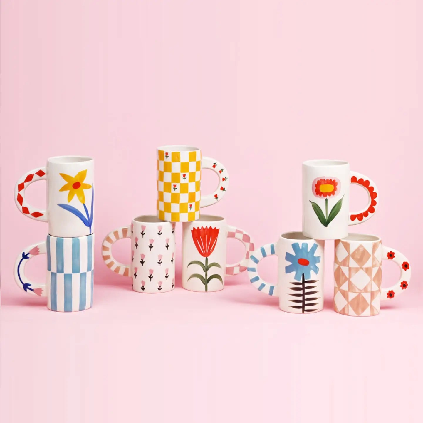 Handmade Ceramic Coffee Mug - Red & Blue Flower