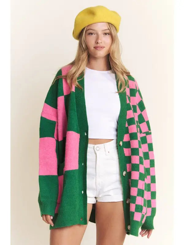 Oversized Pink & Green Checkered Cardigan