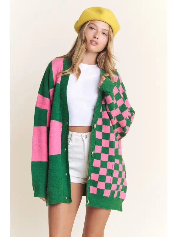 Oversized Pink & Green Checkered Cardigan