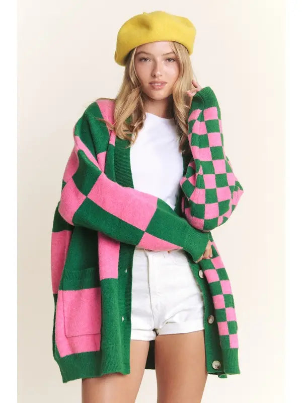 Oversized Pink & Green Checkered Cardigan