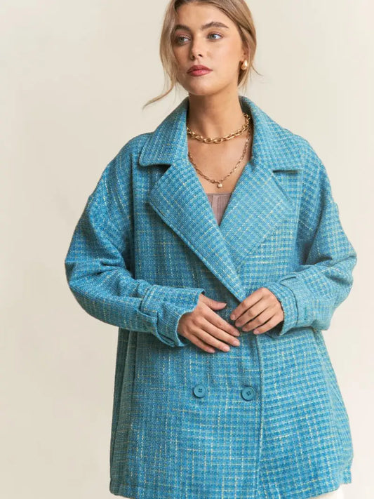 Blue Tweed Button Oversized Coat