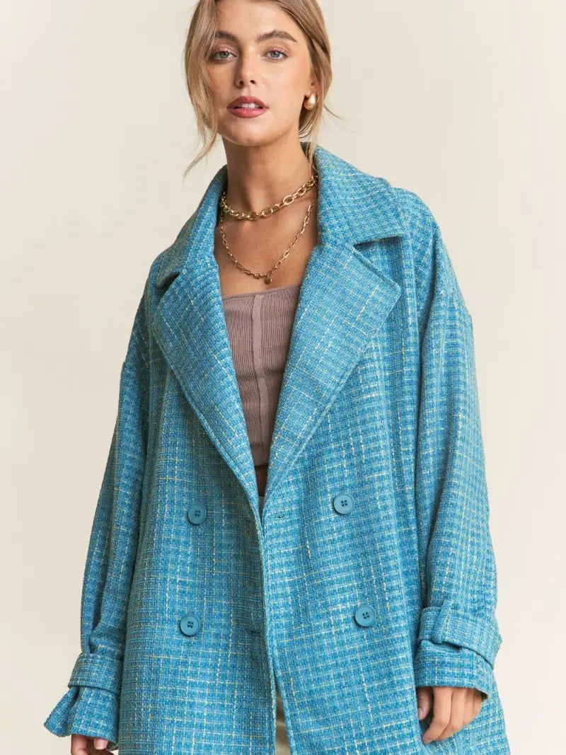 Blue Tweed Button Oversized Coat