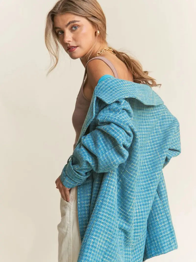 Blue Tweed Button Oversized Coat
