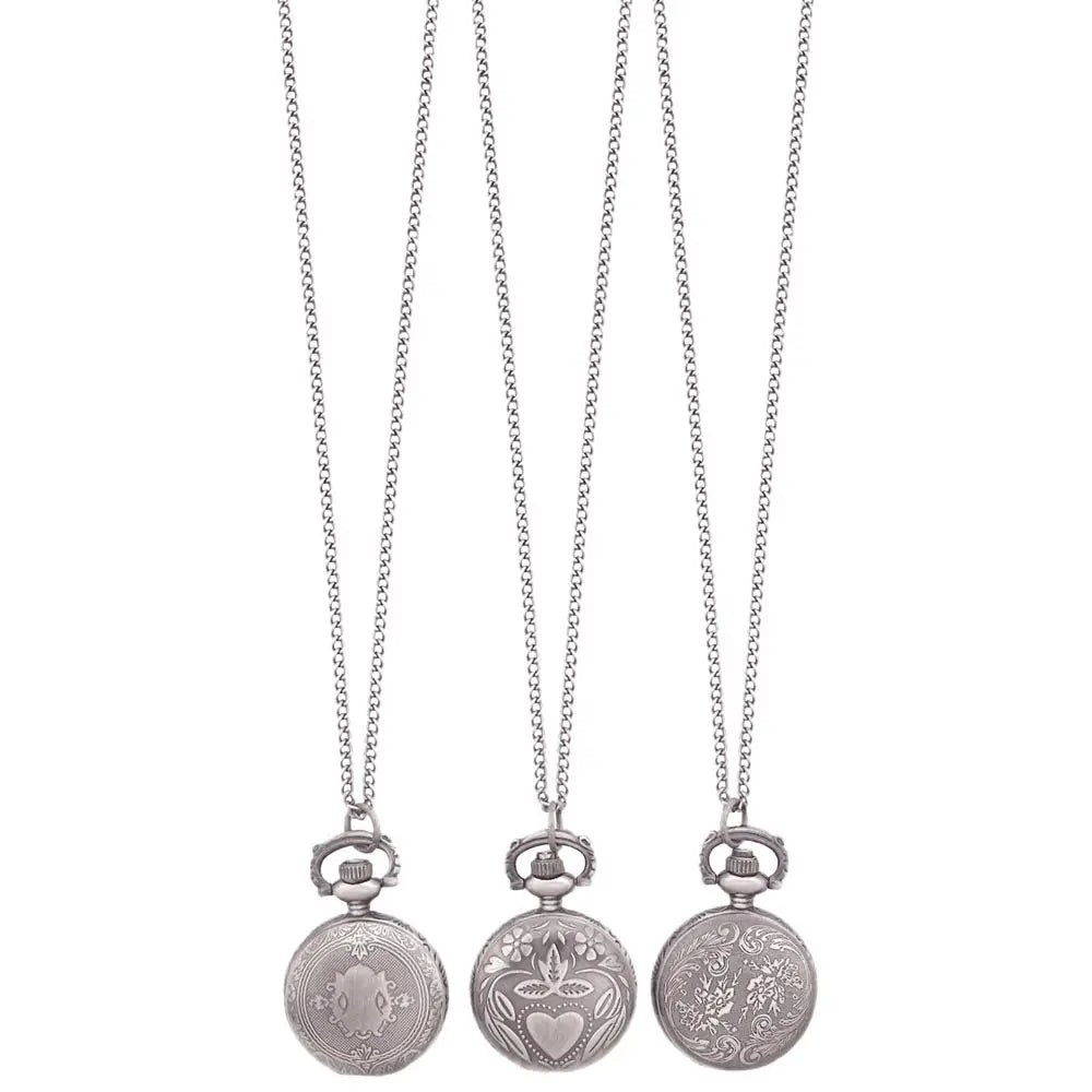 Antiqued Long Pocket Watch Necklace - Silver.