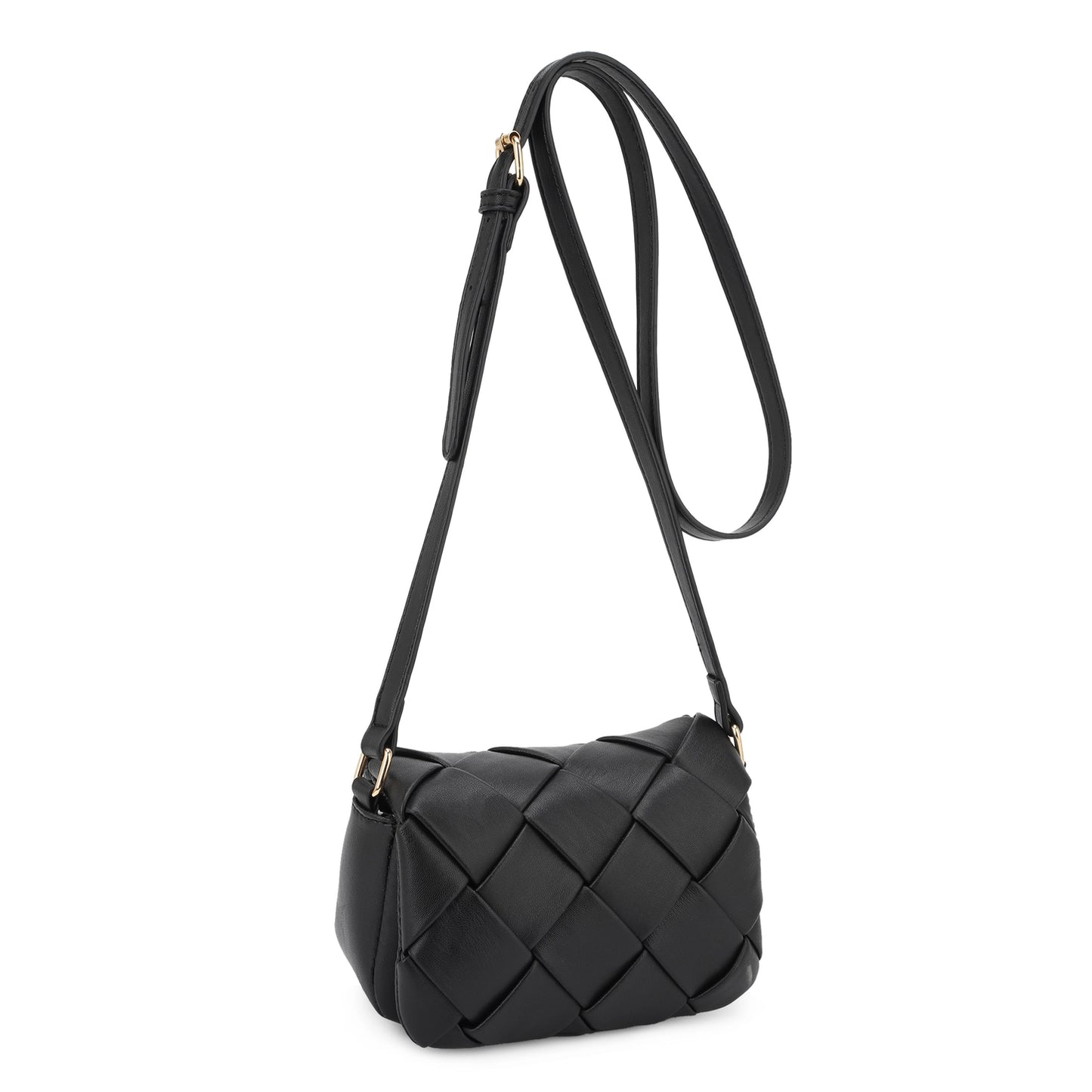 Emily Mini Woven Flap Crossbody Bag - Black