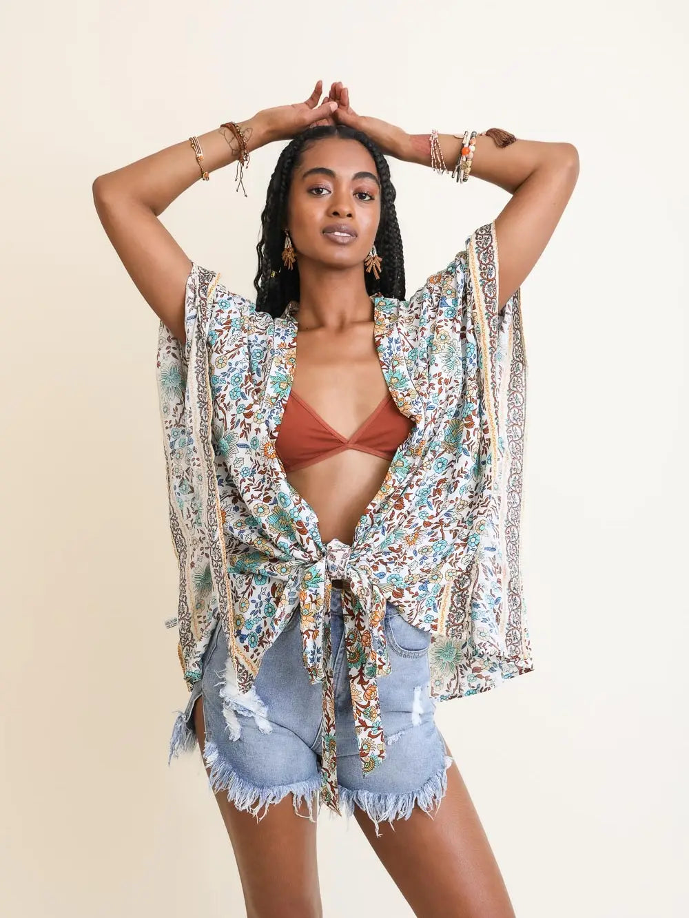Ivory Blue Floral Kimono Wrap