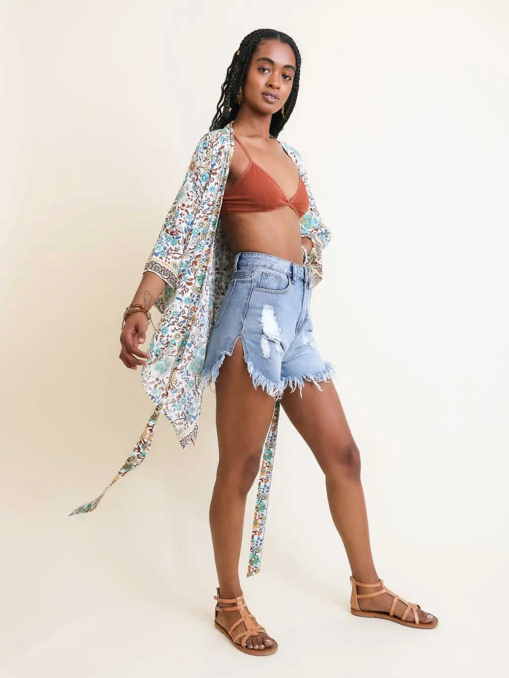 Ivory Blue Floral Kimono Wrap