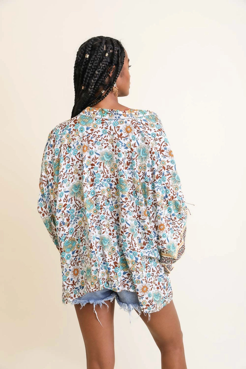 Ivory Blue Floral Kimono Wrap
