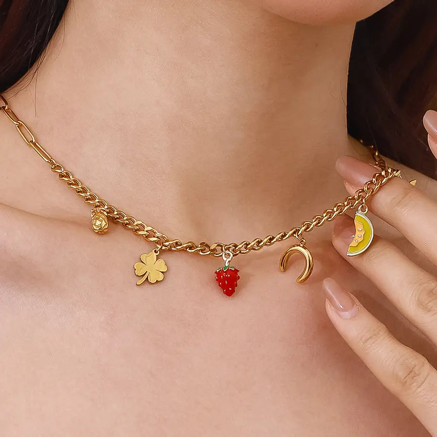 Marinha 18K Gold Non-Tarnish Fruit and Charms Necklace