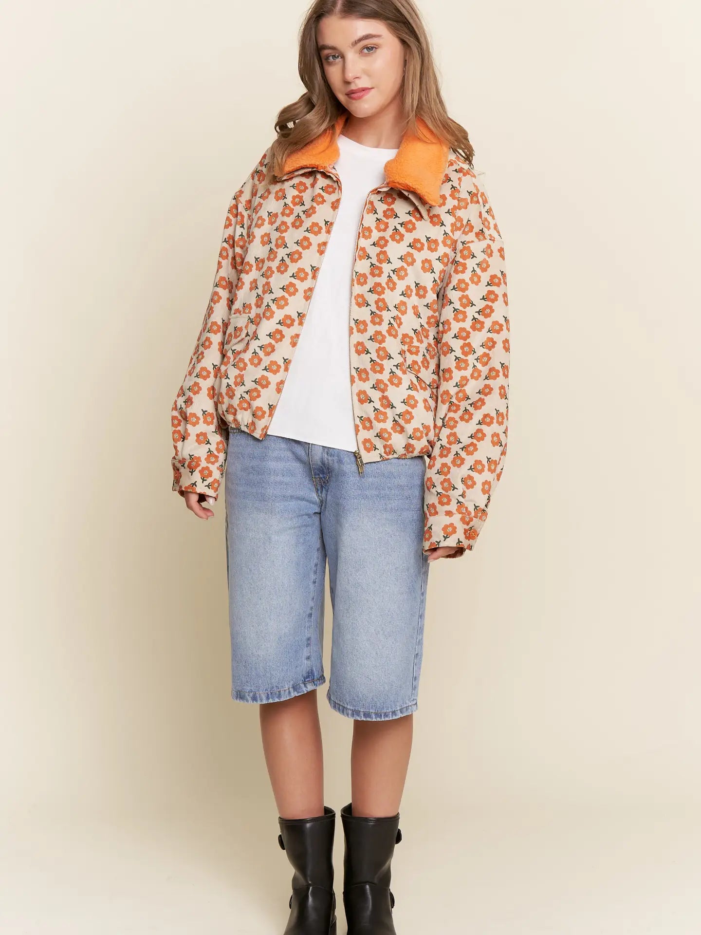 Floral Print Corduroy Aviator Jacket