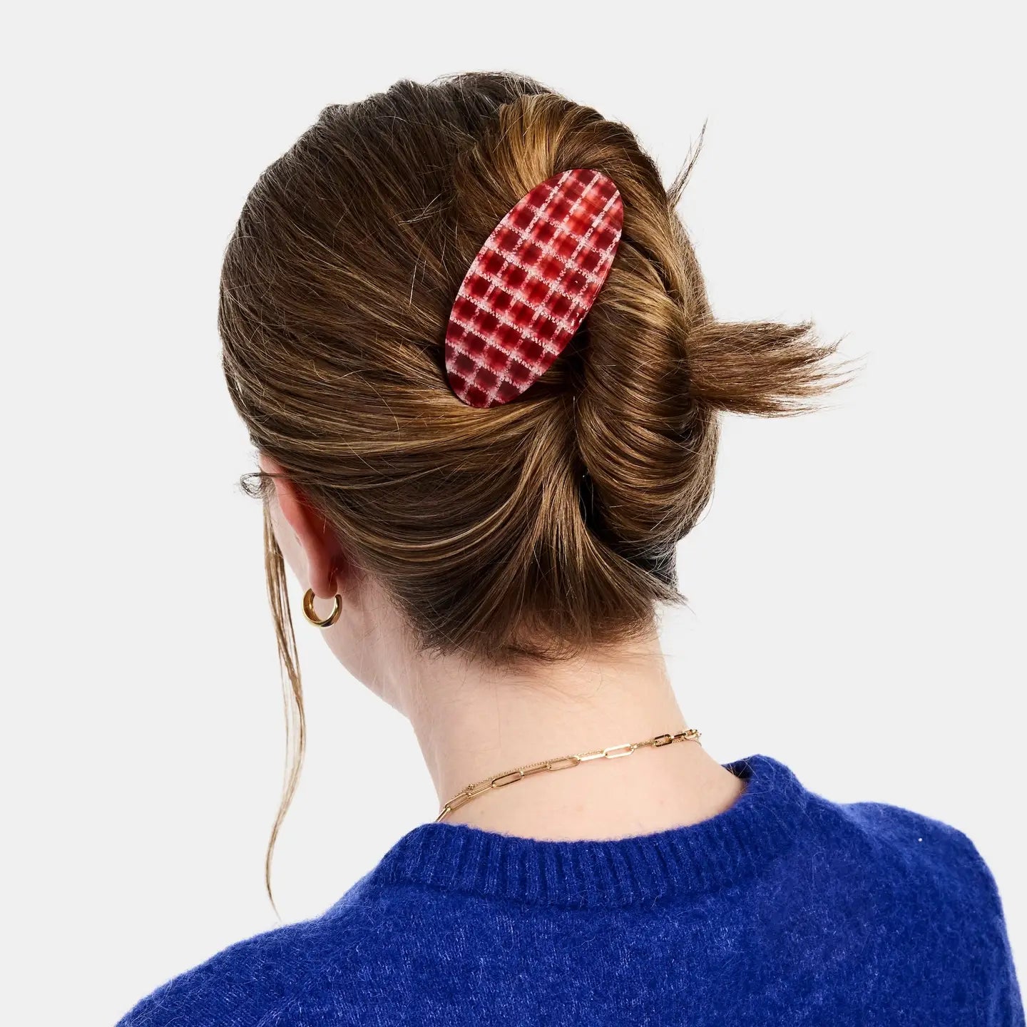 Oval Barrette in Red Plaid.