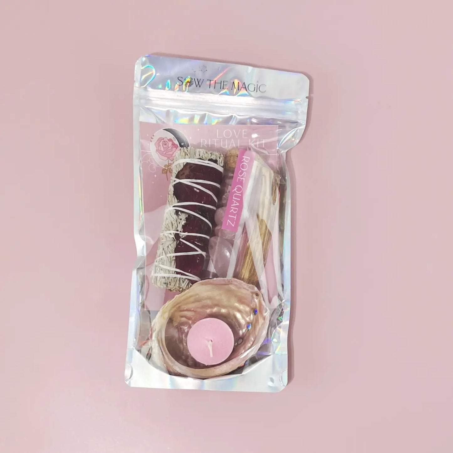 Love Ritual Kit with Rose Quartz, Sage + Palo Santo.