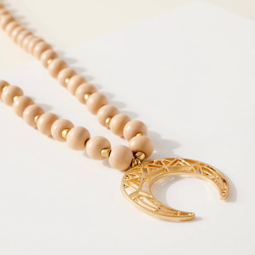 Wood Bead Crescent Necklace • Tan.