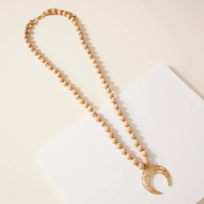 Wood Bead Crescent Necklace • Tan.