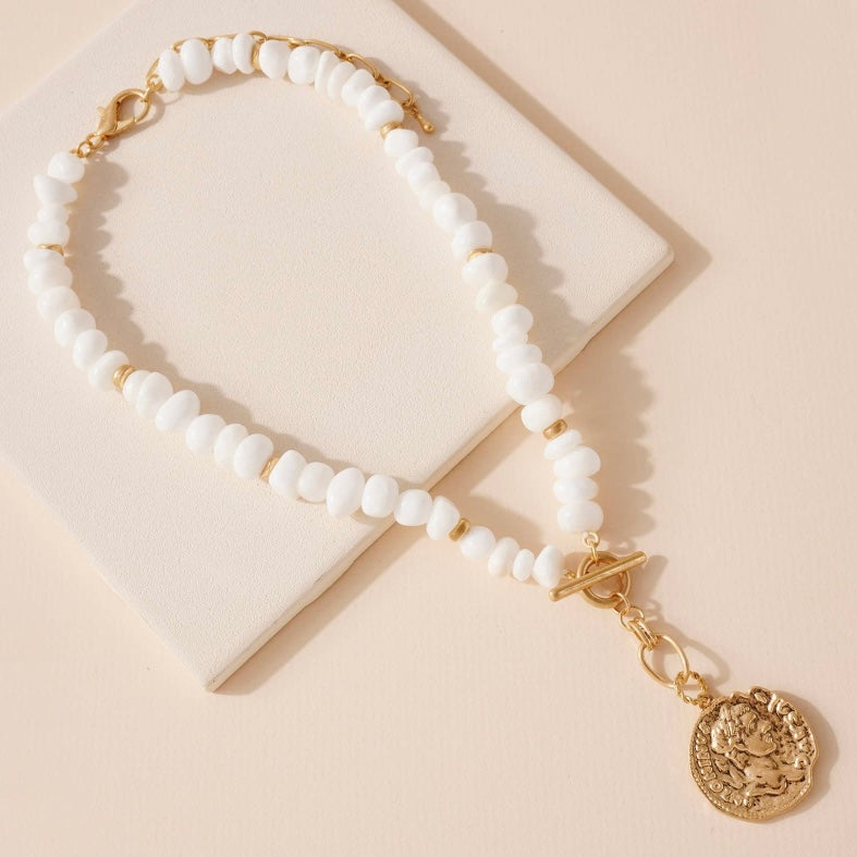 White Stone & Coin Necklace.