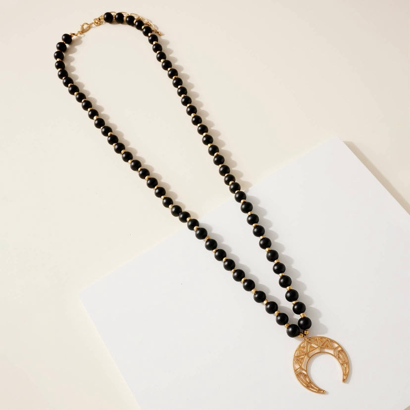 Wood Bead Crescent Necklace • Black