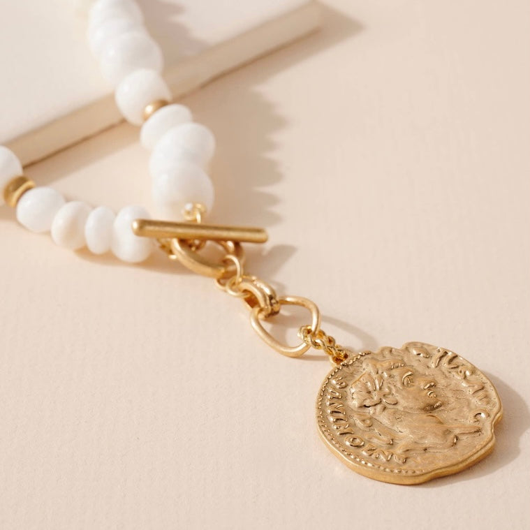 White Stone & Coin Necklace.