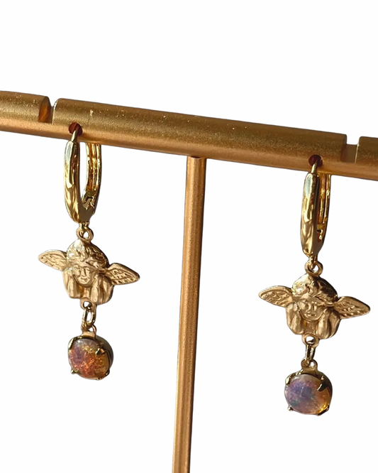 Opal Cherub Brass Hoop Huggie Earrings