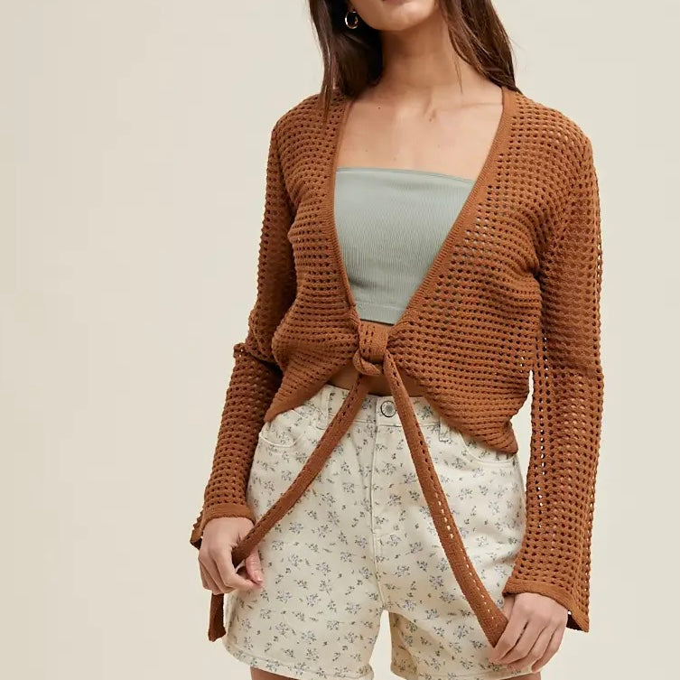 Open-Knit Self Front Tie Cardigan