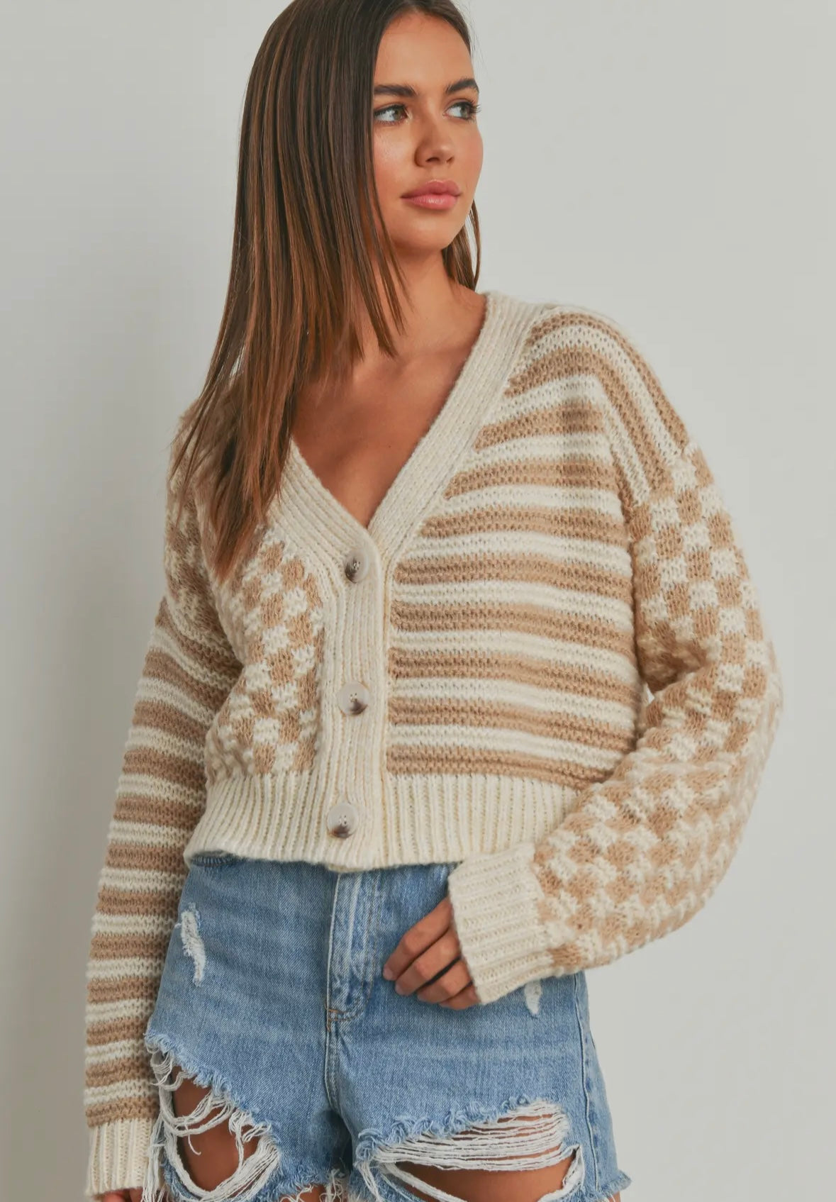 Oversized Checkered Crop Cardigan - Cream