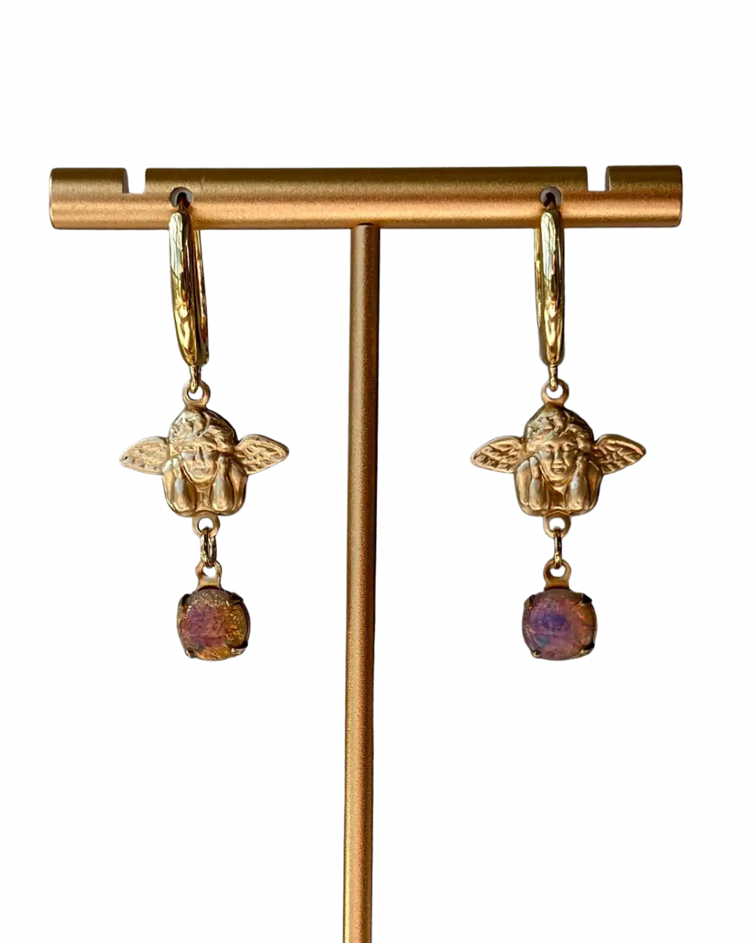 Opal Cherub Brass Hoop Huggie Earrings