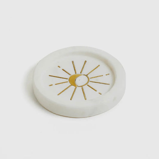 Indukala Round Moon Incense Holder - White Carved Marble