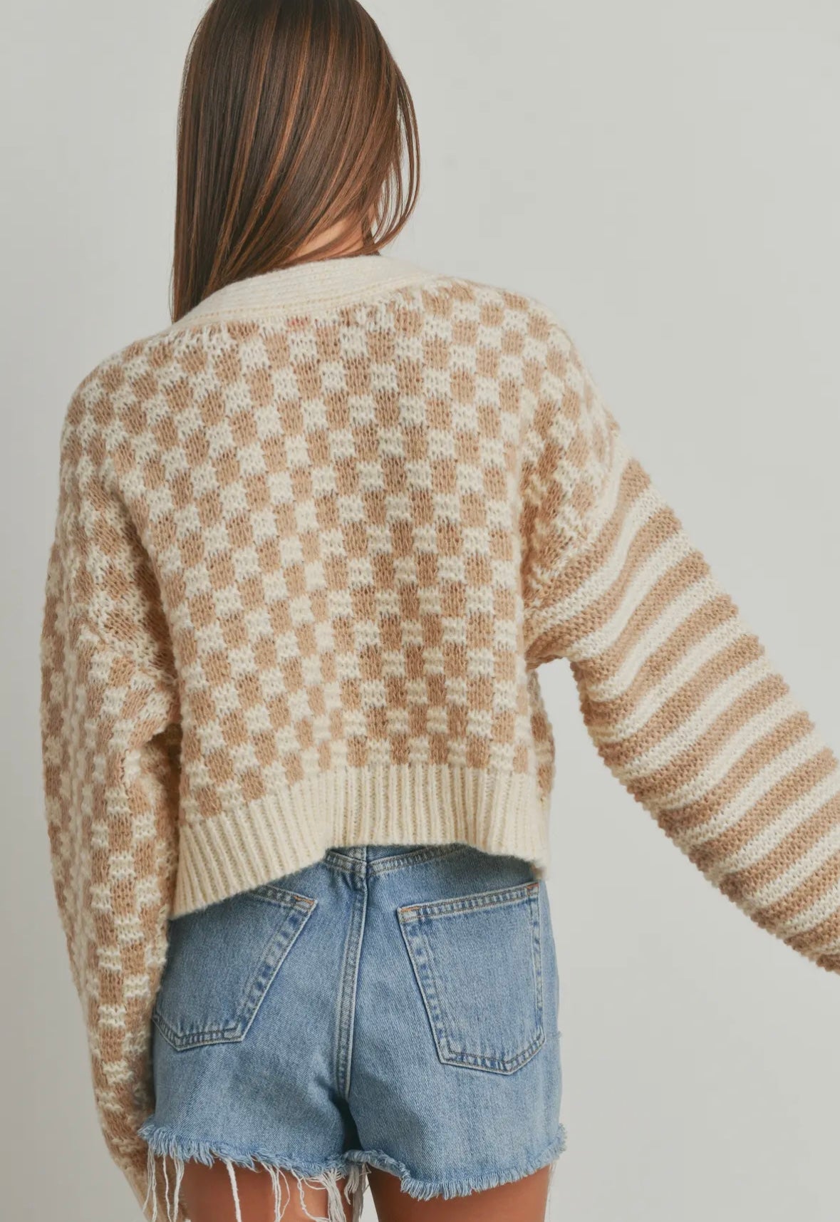 Oversized Checkered Crop Cardigan - Cream