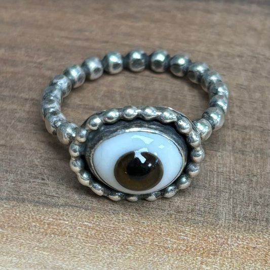 Handmade Sterling Silver + Glass Eye Ring - Brown (2)