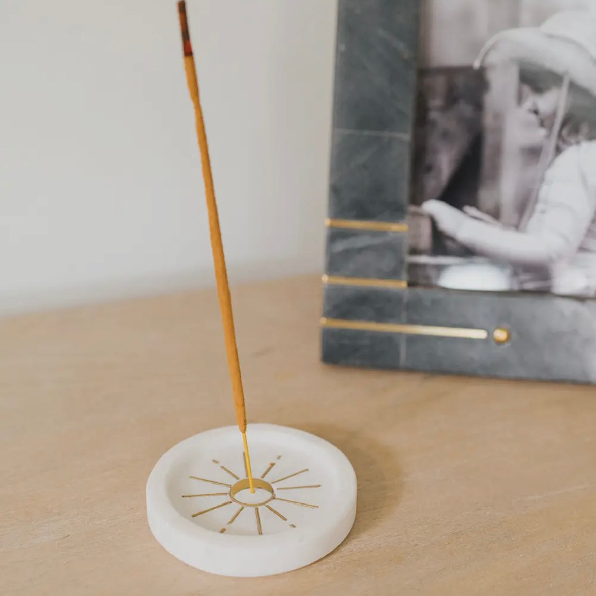 Indukala Round Moon Incense Holder - White Carved Marble