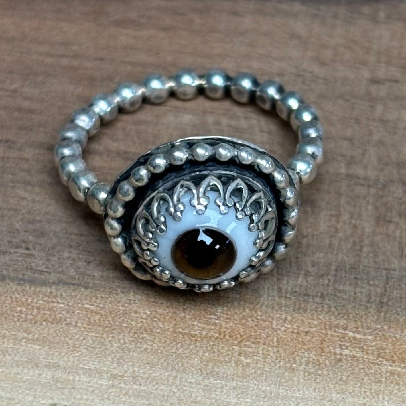 Handmade Sterling Silver + Glass Eye Ring - Brown