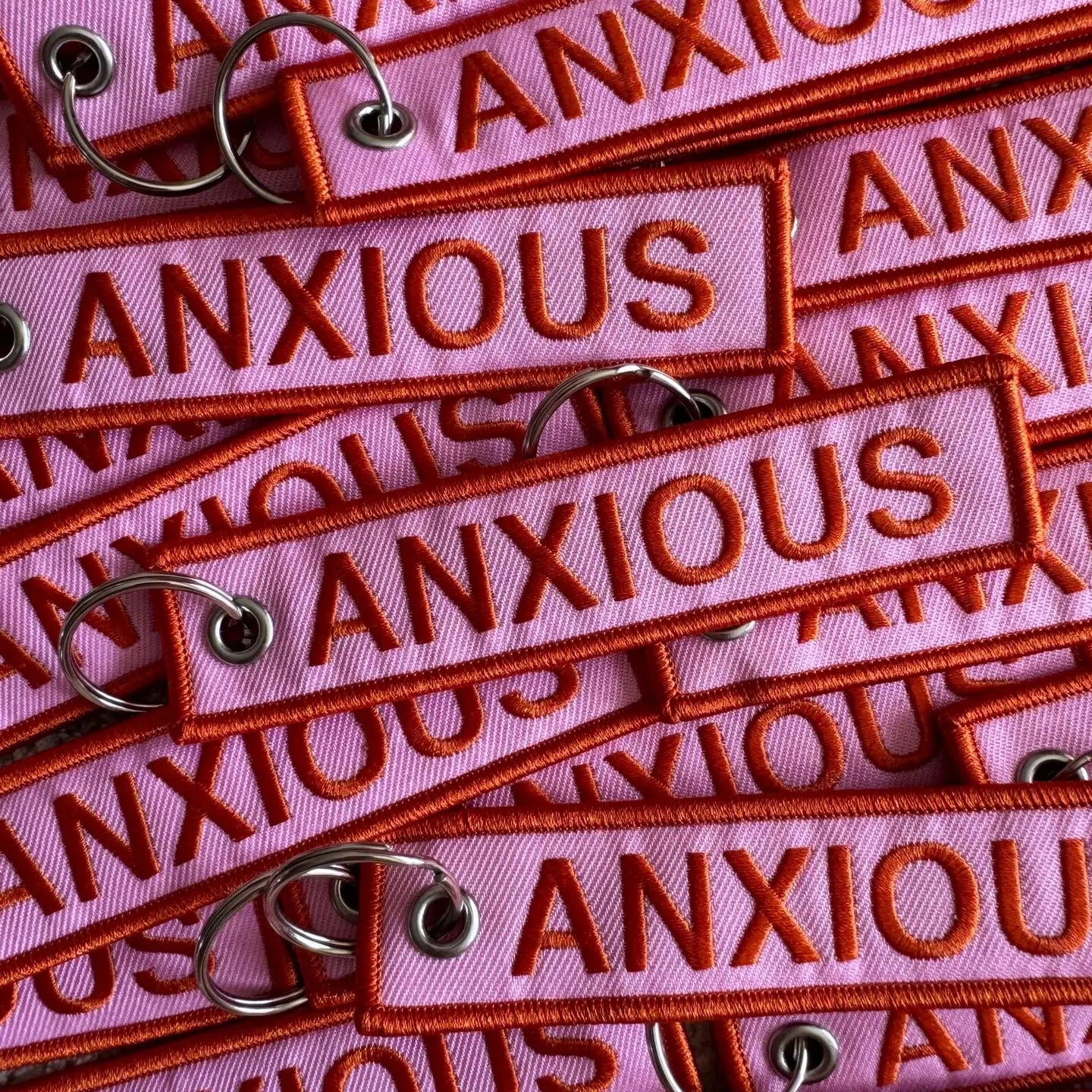 Anxious Embroidered Keychain - Orange & Pink.