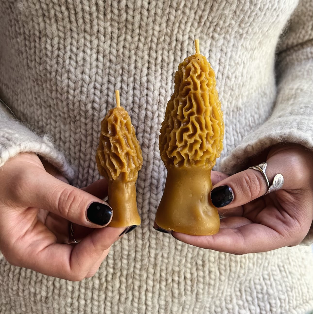 Set of TWO Handcrafted Morel Mushroom Beeswax Candles