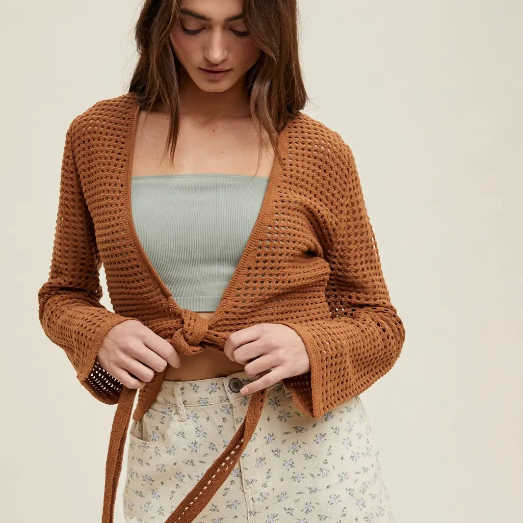 Open-Knit Self Front Tie Cardigan