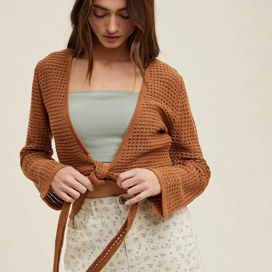 Open-Knit Self Front Tie Cardigan