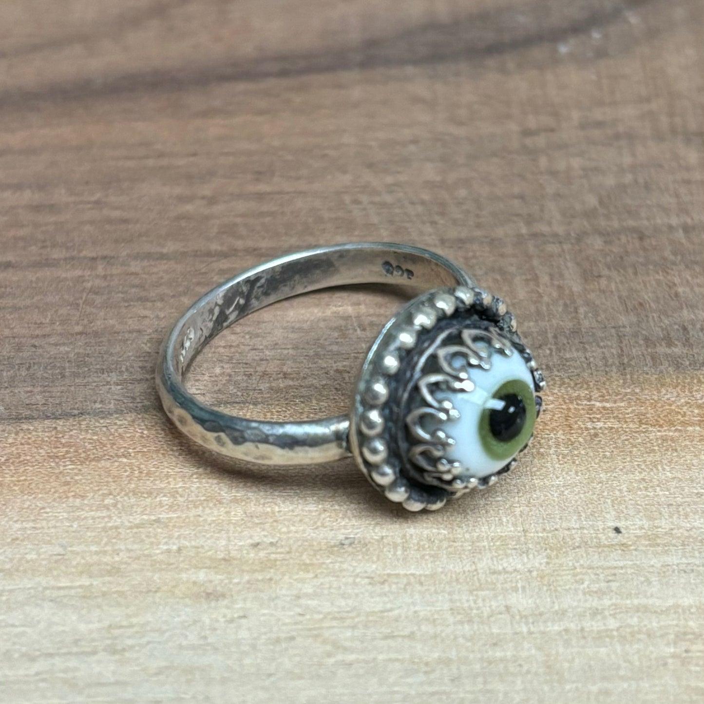 Handmade Sterling Silver + Glass Eye Ring - Green