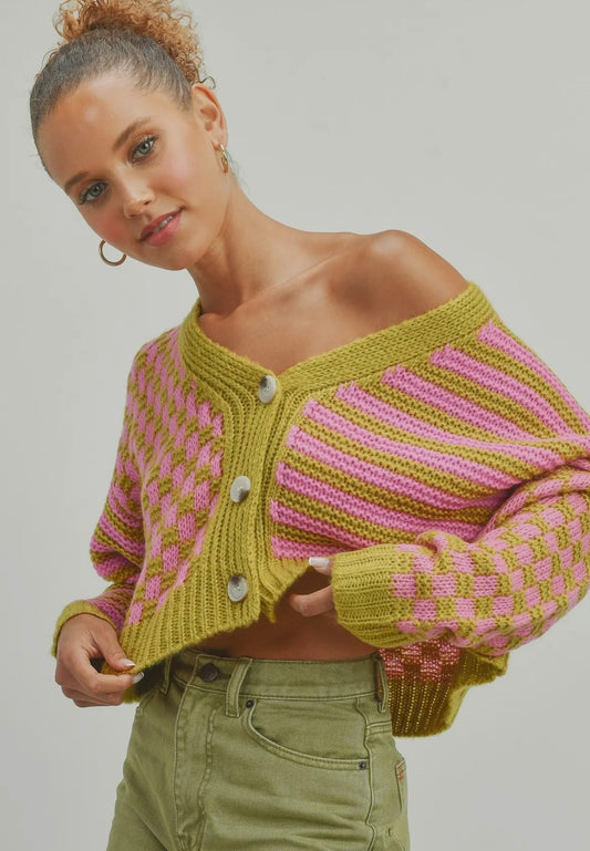 Oversized Checkered Crop Cardigan - Pink