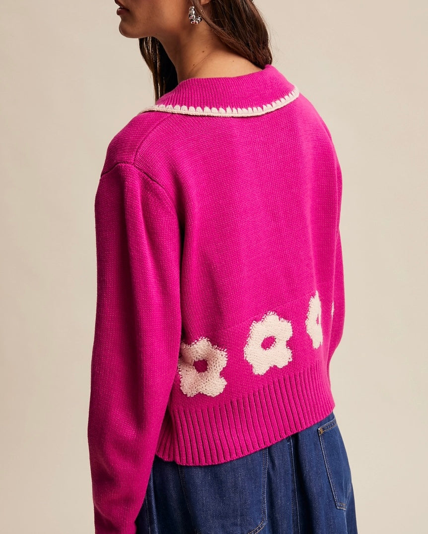 Groovy Knit Button Up Sweater -  Pink