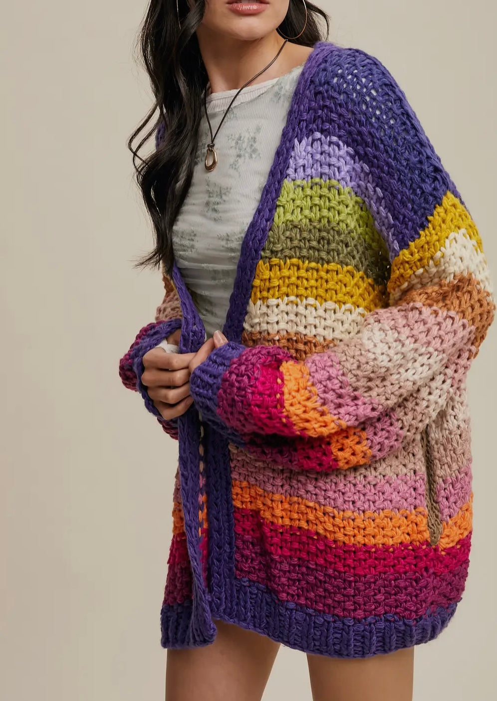 Hand-Crochet Rainbow Open Cardigan - Purple