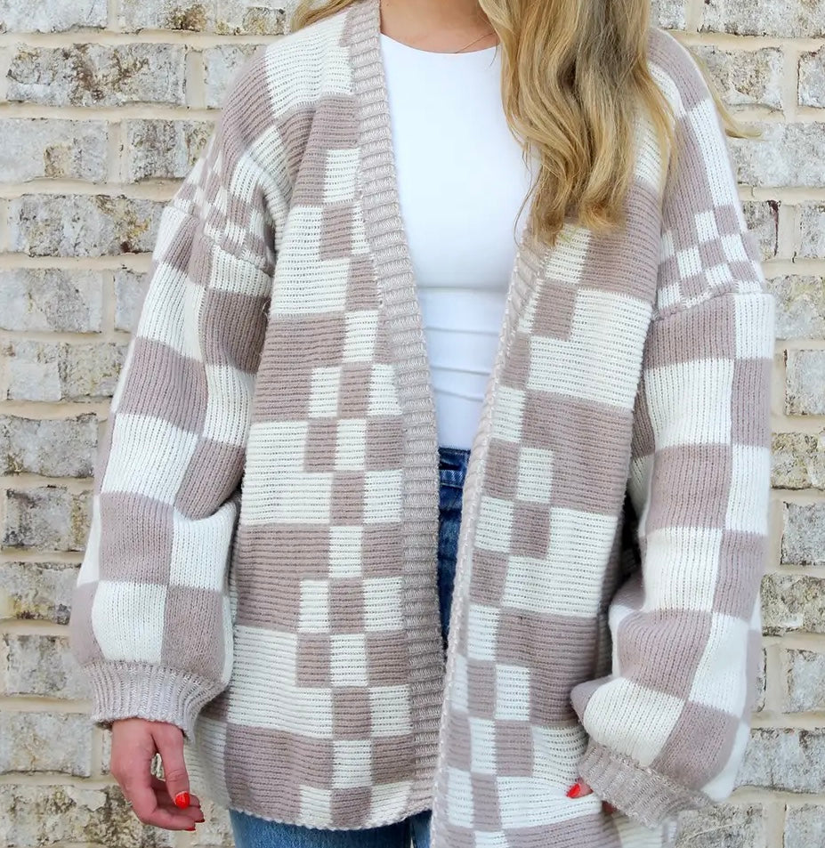 Oversized Checkered Cardigan/Sweater - Taupe