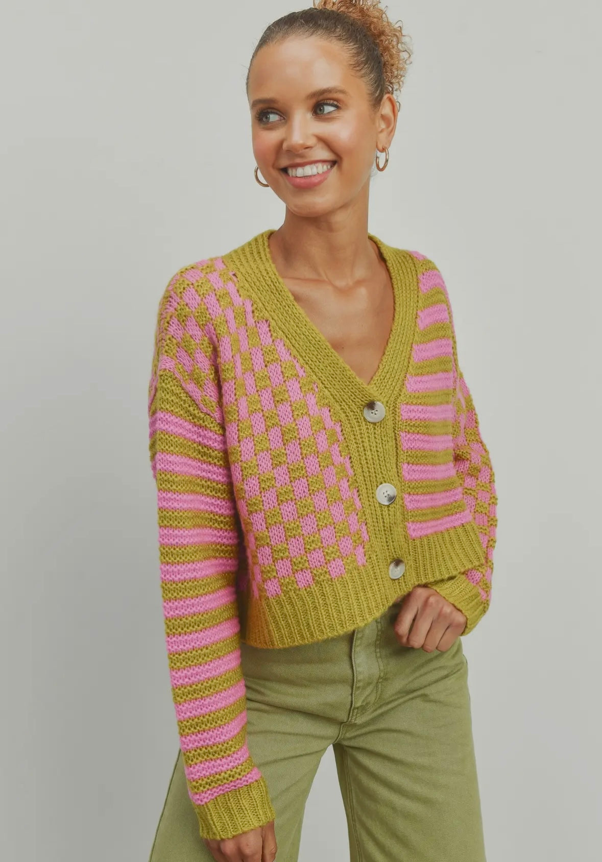 Oversized Checkered Crop Cardigan - Pink